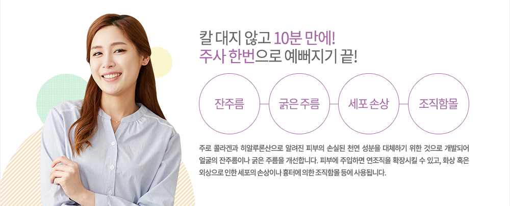 정의
주로 콜라겐과 히알루론산으로 알려진 피부의 손실된 천연 성분을 대체하기 위한 것으로 개발되어 얼굴의 잔주름이나 굵은 주름을 개선합니다. 피부에 주입하면 연조직을 확장시킬 수 있고, 화상 혹은 외상으로 인한 세포의 손상이나 흉터에 의한 조직함몰 등에 사용됩니다.
