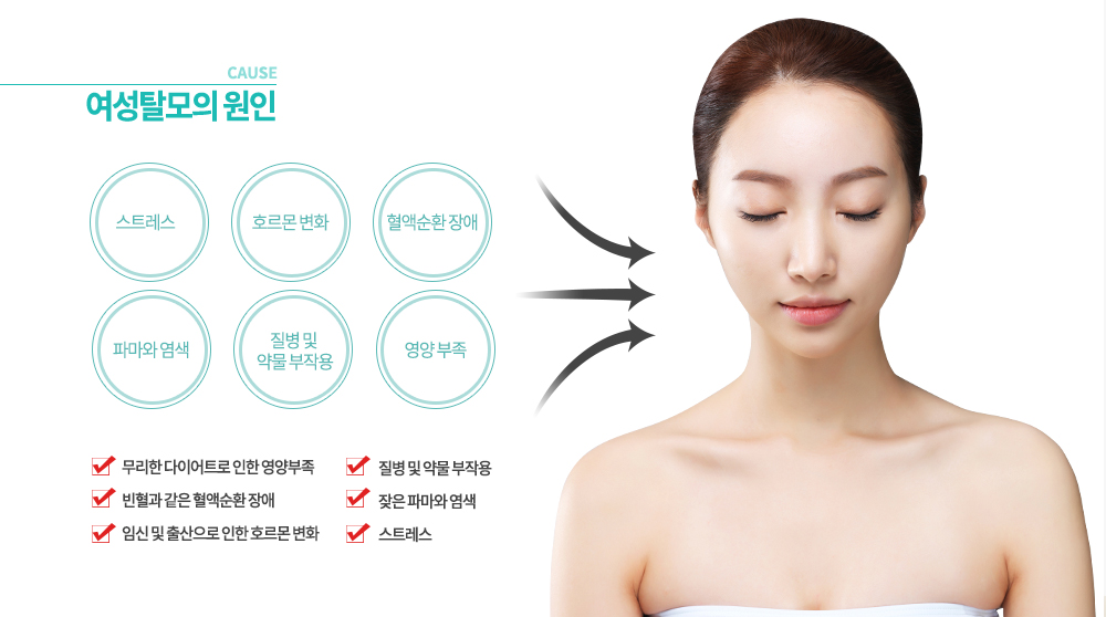 -여성탈모 원인- 스트레스
- 무리한 다이어트로 인한 영양부족
- 빈혈과 같은 혈액순환 장애
- 임신 및 출산으로 인한 호르몬 변화
- 질병 및 약물 부작용
- 잦은 파마와 염색
