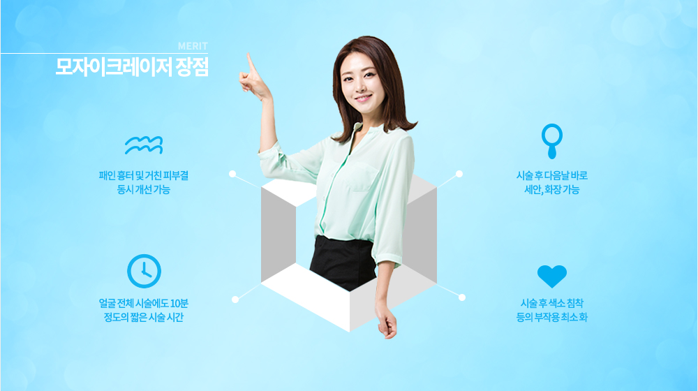 장점
패인 흉터 및 거친 피부결 동시 개선 가능
얼굴 전체 시술에도 10분 정도의 짧은 시술 시간
시술 후 다음날 바로 세안, 화장 가능
시술 후 색소 침착 등의 부작용 최소화 