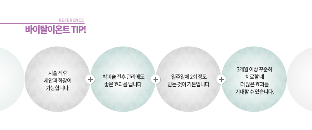 -참고!
-시술 직후 세안과 화장이 가능합니다.
-박피술 전후 관리에도 좋은 효과를 냅니다.
-일주일에 2회 정도 받는 것이 기본이며, 3개월 이상 꾸준히 치료할 때 더 많은 효과를 기대할 수 있습니다.
